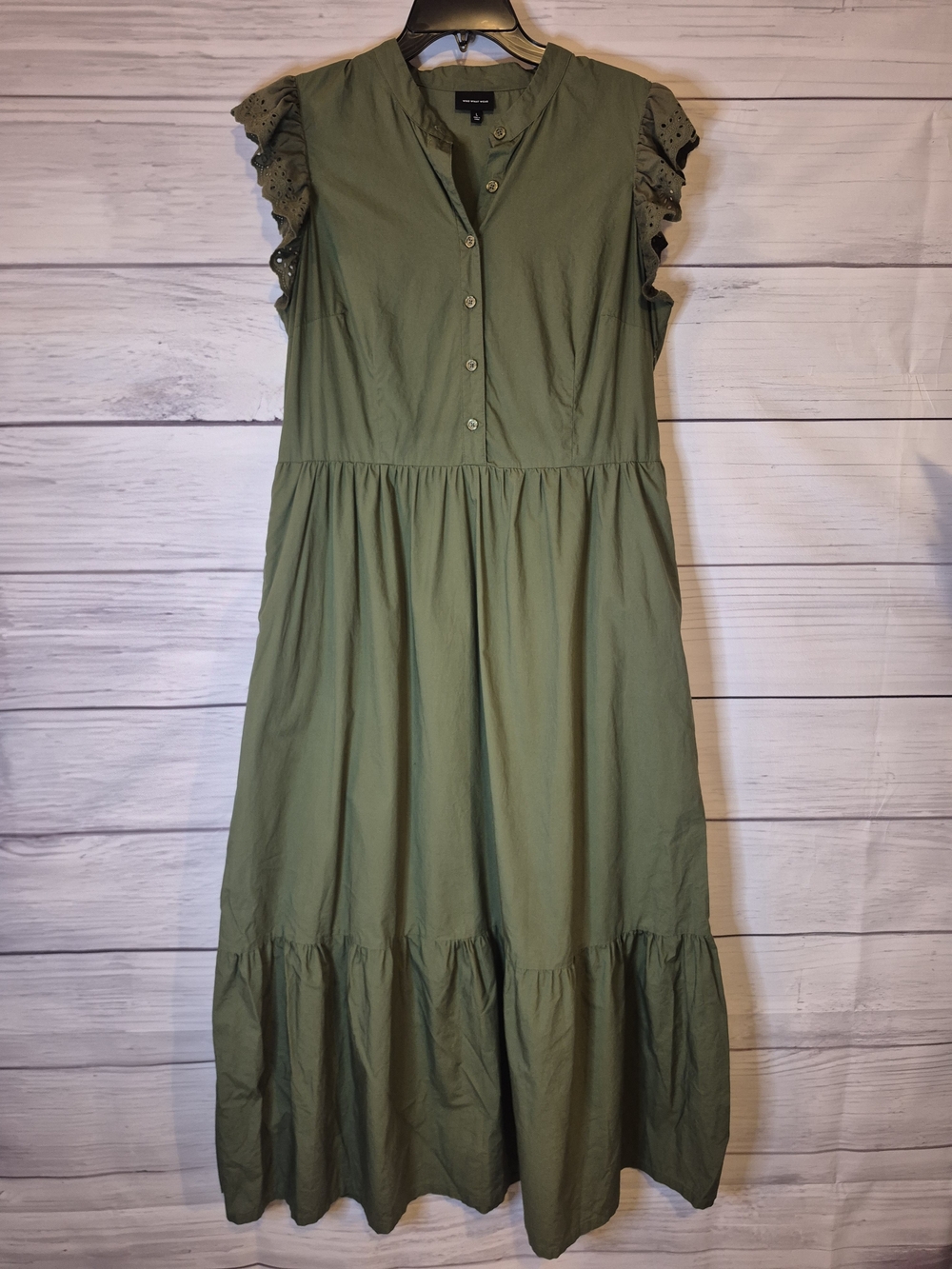 Who What Wear Olive Tiered Midi Dress with Eyelet Flutter Sleeves